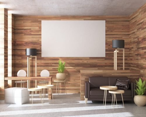 3D illustration, Mockup photo frame on the wall of lounge or living room, Interior of comfortable with luxury sofa and beautiful furniture, rendering