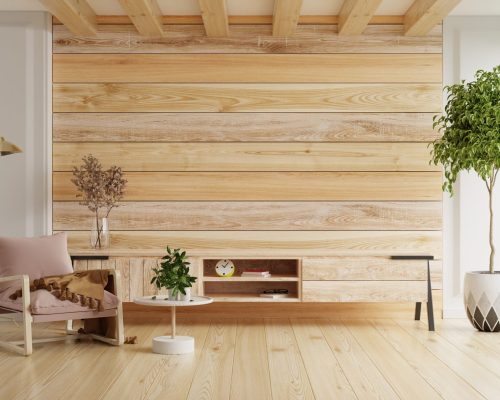 Cabinet for tv in modern empty room with armchair and behind the wooden wall.3D rendering