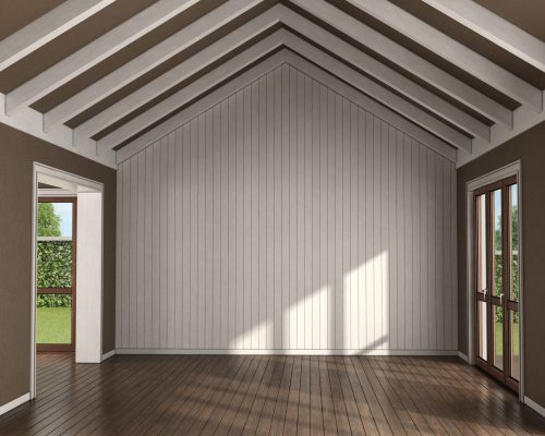 Empty living room with wooden wall on background , large windows and roof beams - 3d rendering