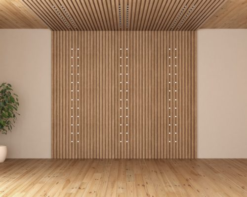 Minimalist empty room with wood paneling, led light and houseplant