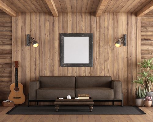Rustic style wooden living room with brown sofa,classic guitar and mockup poster - 3d rendering